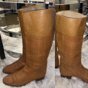 Vintage Tan Woven Leather Mid-Calf Heeled Boots